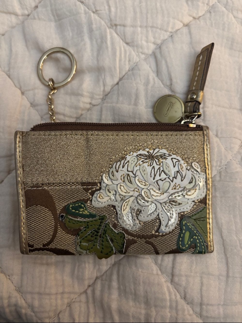 Coach Metallic Bronze Floral Zip Card Case Keyring
